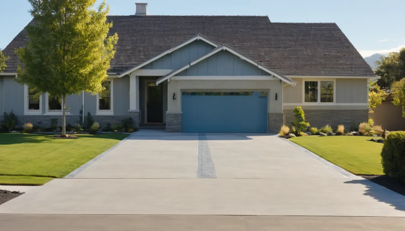A freshly poured concrete driveway beside a ranch-style home in Overland Park